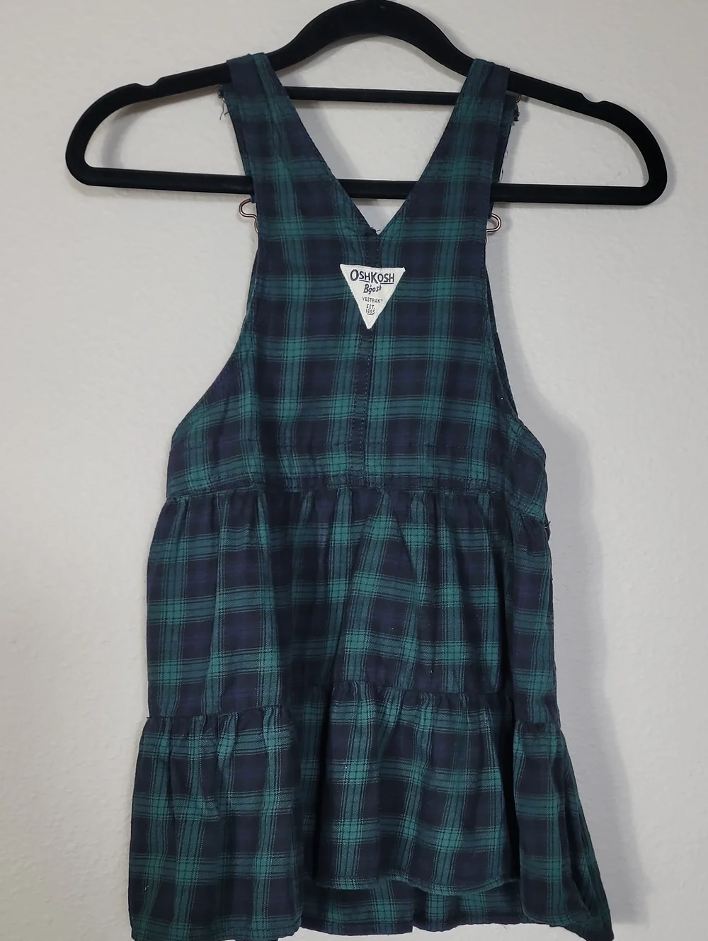 OshKosh Bgosh Plaid Jumper Overall Dress Size 5t Green Navy Preppy Girls Kids